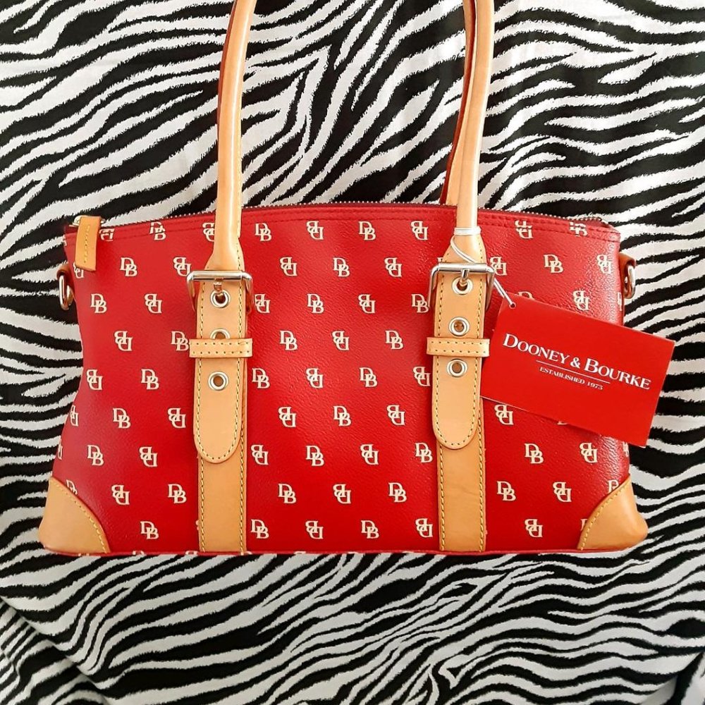 Red Logo-Print Satchel with Tan Trim and Double Handles, No Strap ! - Picture 2 of 16